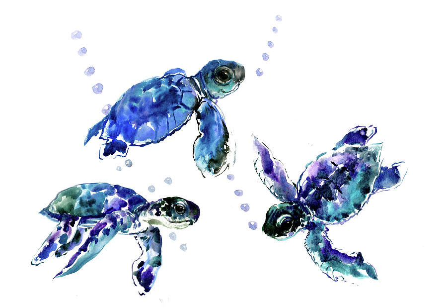 Turtle Painting - Three Sea Turtles, Blue, Turquoise, Purple Underwater Scene Turtle Artwork by Suren Nersisyan