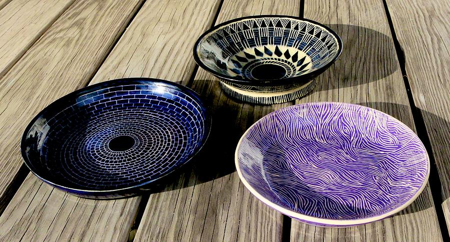 Three Sgraffito Bowls Ceramic Art by Polly Castor