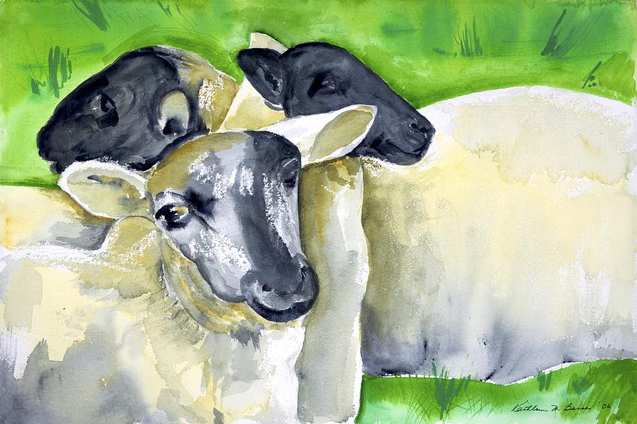 Three sheep Painting by Kathleen Barnes