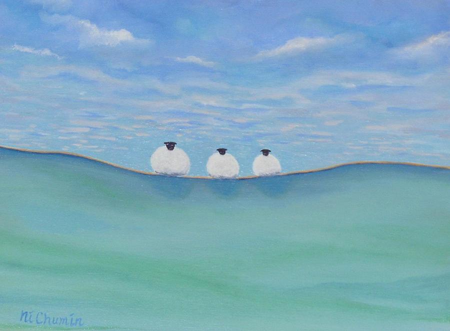Sheep Painting - Three Sheep Resting  by Elaine Cummins