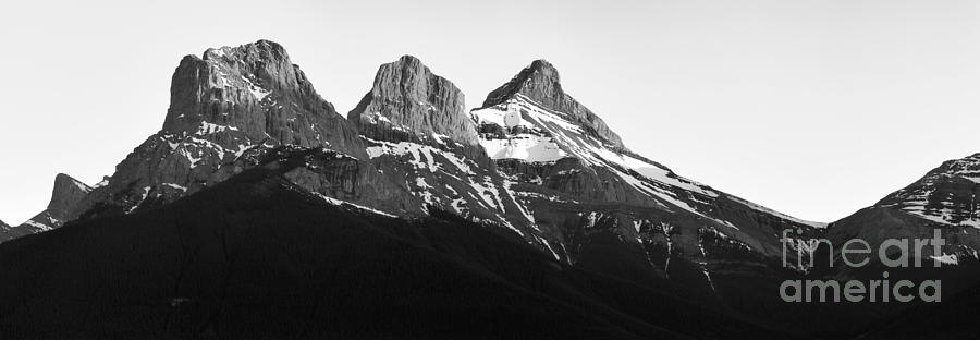Three Sisters Canmore Sunset Panorama Black And White Photograph by Adam Jewell