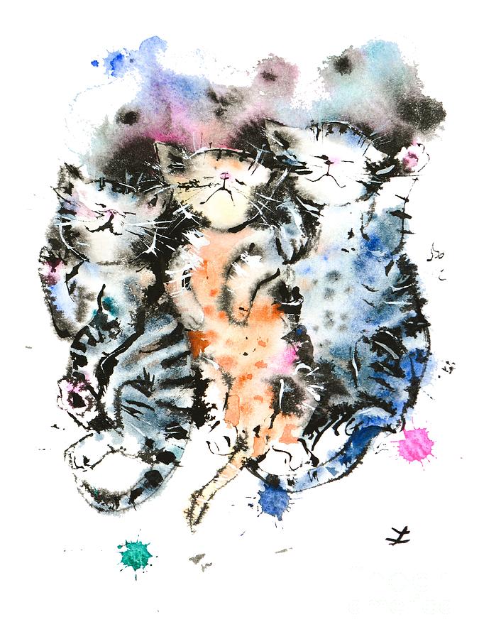 Three Sleeping Kittens Painting by Zaira Dzhaubaeva