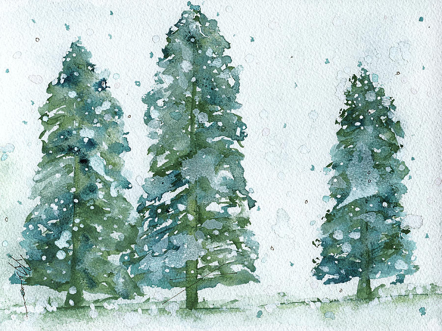 Three Snowy Spruce Trees Painting by Dawn Derman