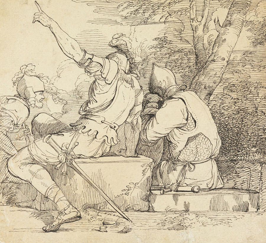 Three Soldiers in Armour Sitting on Stone Blocks Drawing by John Hamilton Mortimer