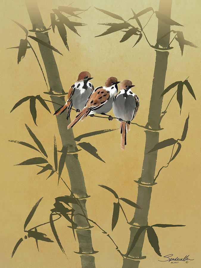 Three Sparrows In Bamboo Tree Digital Art by M Spadecaller