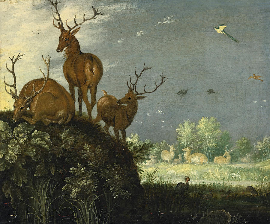 Three Stags in a Landscape Painting by Roelant Savery
