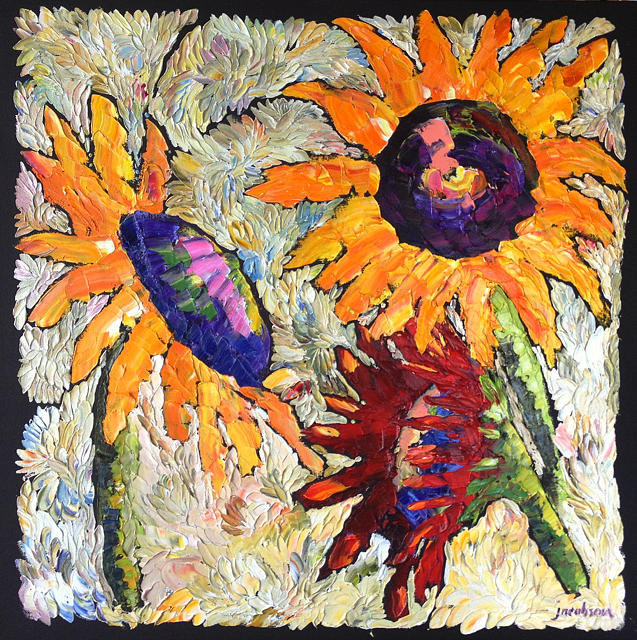 Three Sunflowers Painting by Carrie Jacobson