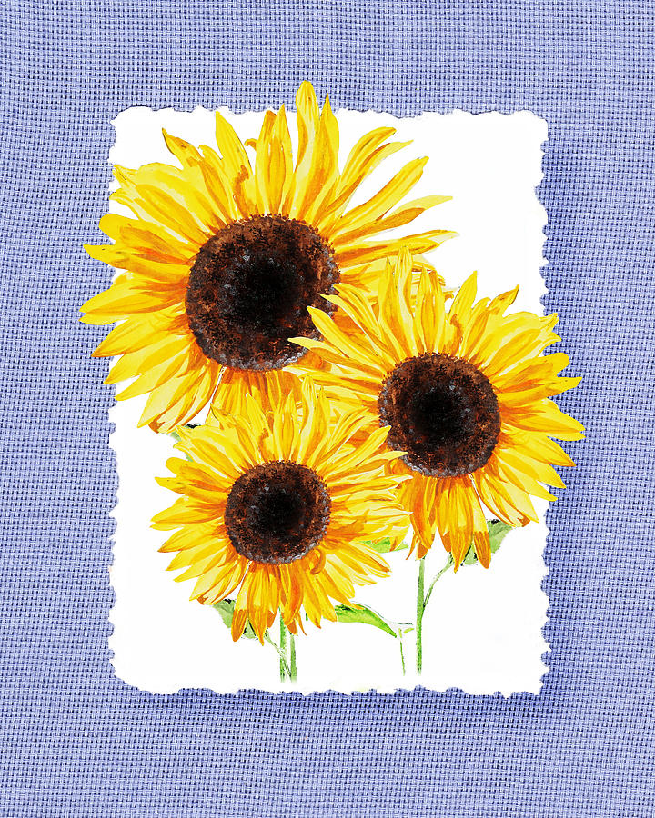 Three Sunflowers On Baby Blue Painting by Irina Sztukowski