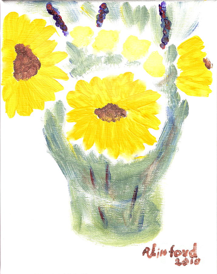 Three Sunflowers Painting by Richard W Linford
