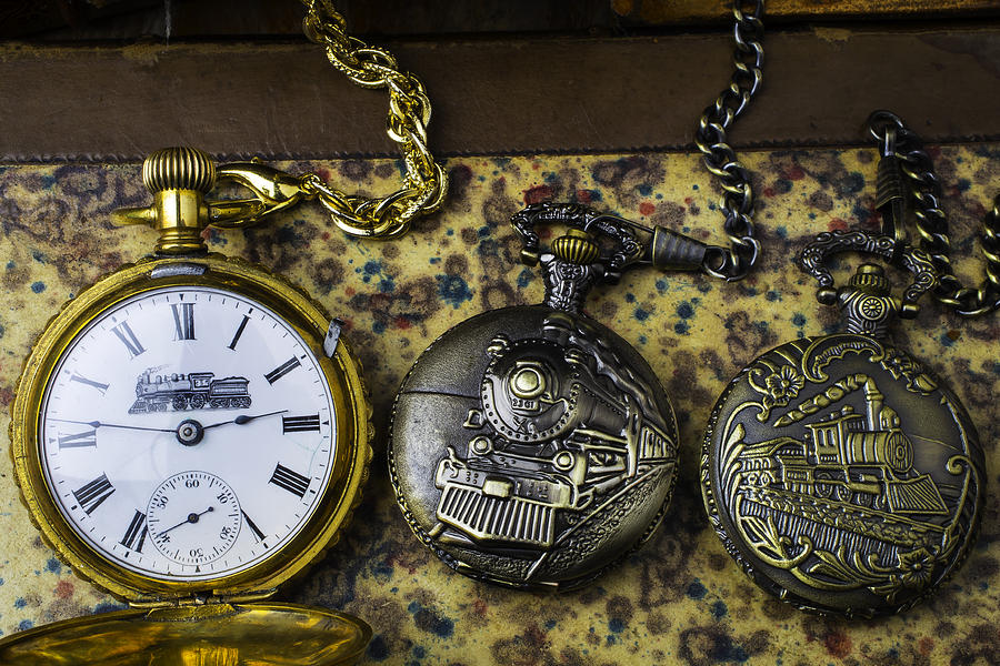 Three train Pocket Watches Photograph by Garry Gay