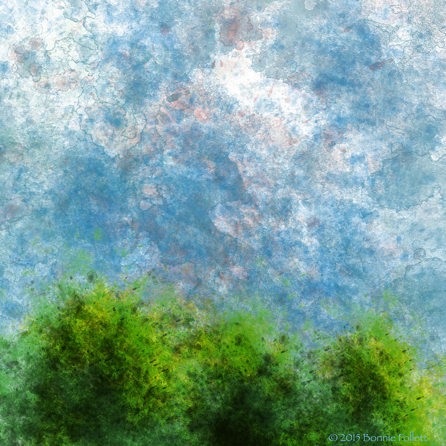 Three Trees with Clouds full color version Digital Art by Bonnie Follett