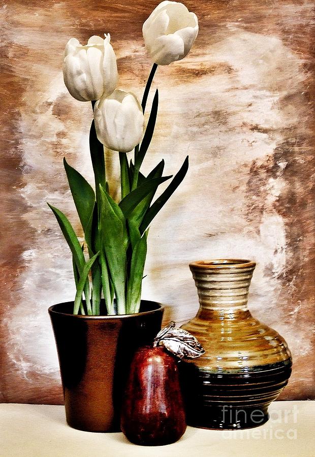 Three Tulips Pottery and Pear Photograph by Marsha Heiken