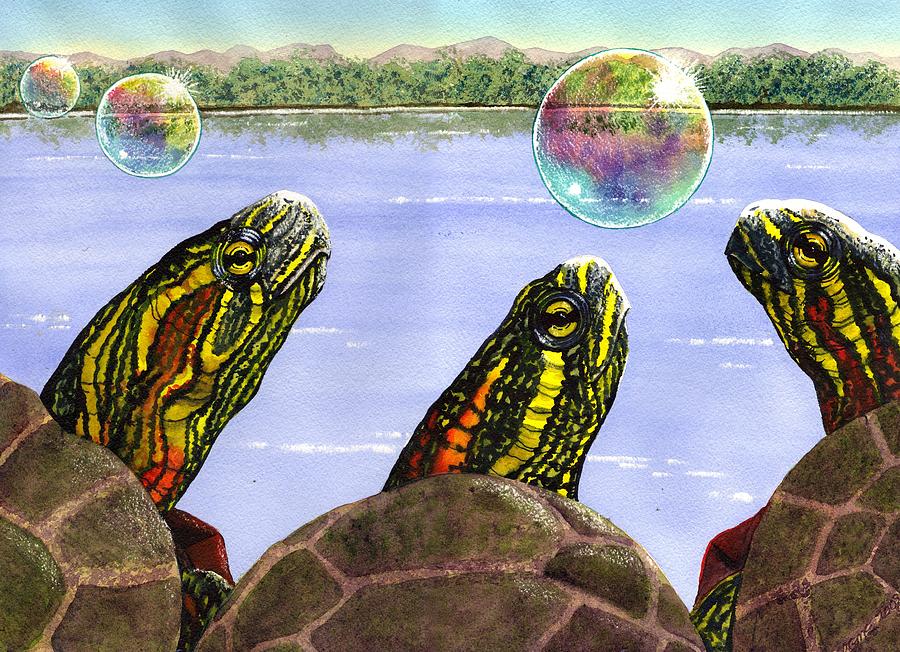 Three Turtles Three Bubbles Painting by Catherine G McElroy