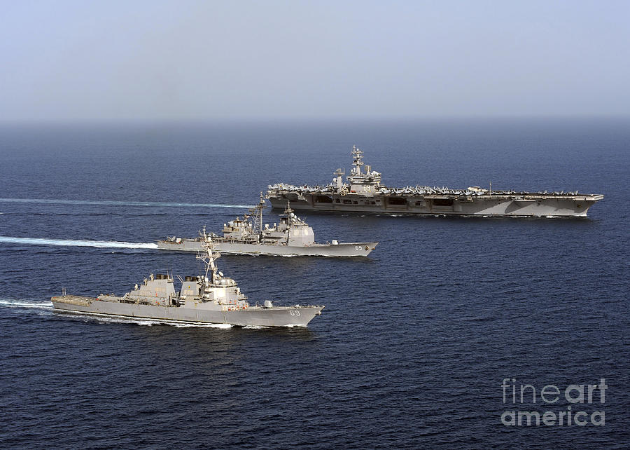 Three U.s. Navy Ships Sail In Formation Photograph by Stocktrek Images
