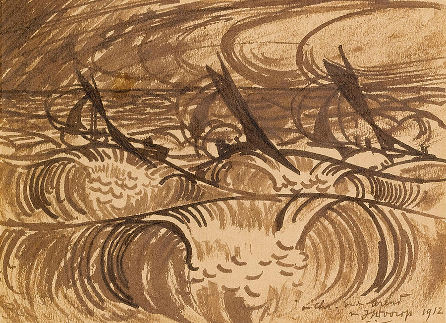 Three vessels on the sea Drawing by Jan Toorop