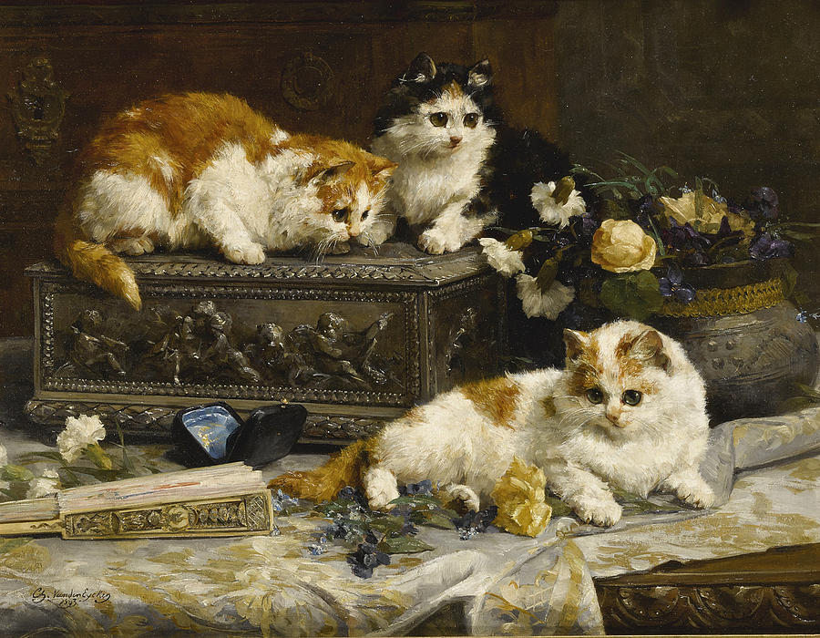 Three Watchful Kittens Painting by Charles van den Eycken