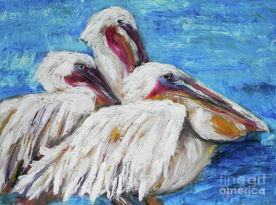Three White Pelicans Painting by JoAnn Wheeler