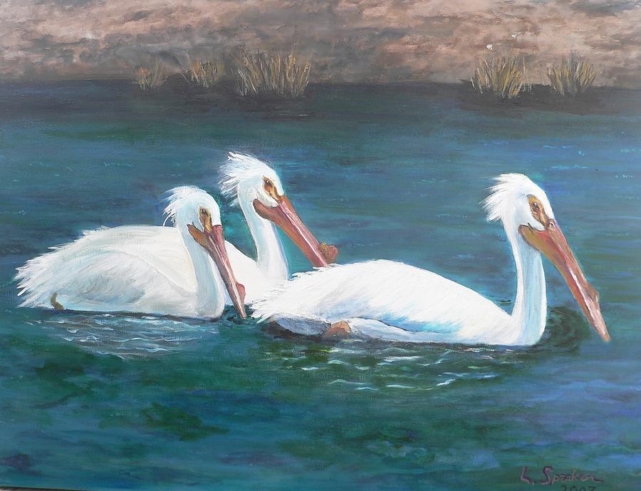 Three White Pelicans Painting by Linda Speaker - Pixels