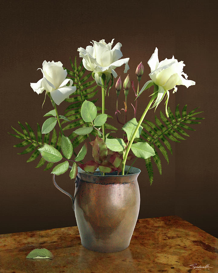 Three White Roses in Vase Digital Art by M Spadecaller