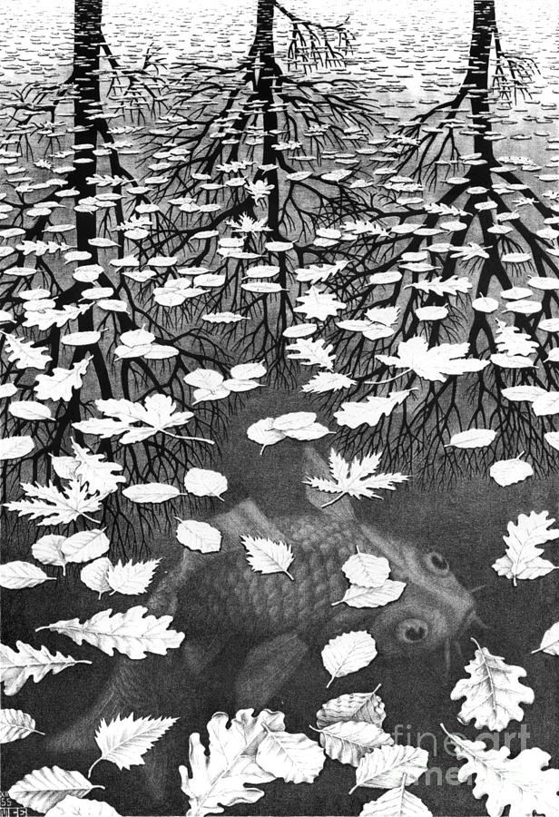 Three Worlds Drawing by MC Escher