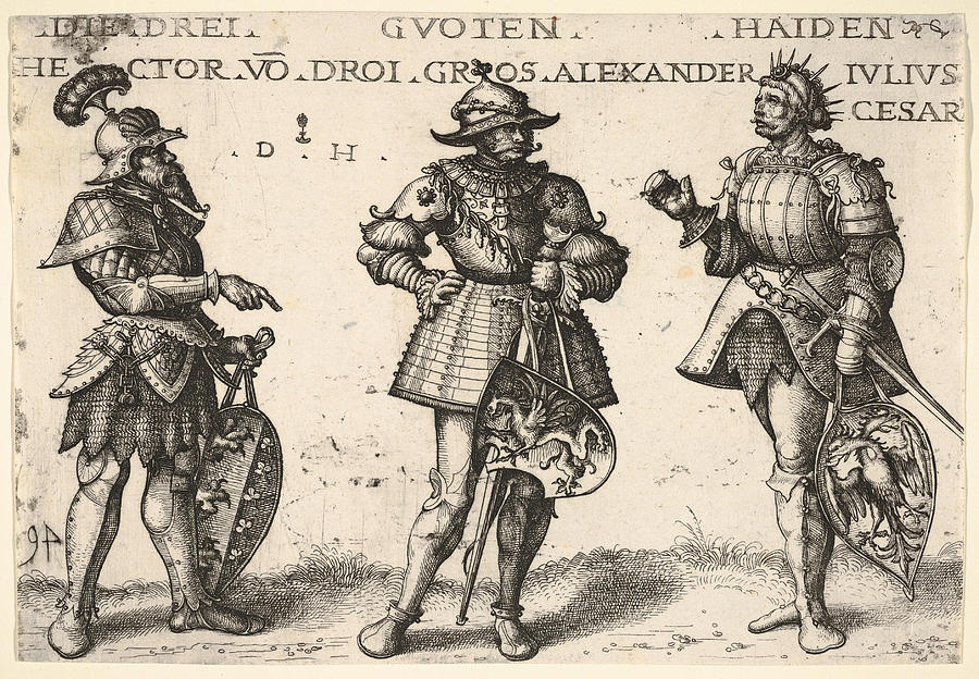 Three Worthy Pagan. Hector Alexander the Great and Julius Caesar Drawing by Daniel Hopfer