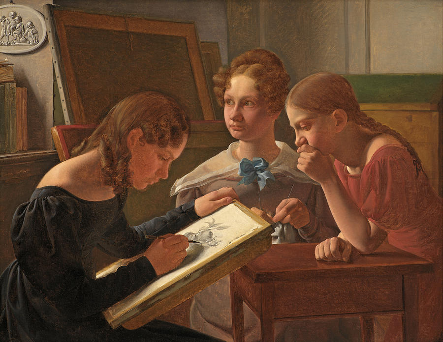 Three Young Girls. The Artists Sisters. Alvilde, Ida and Henriette Painting by Constantin Hansen