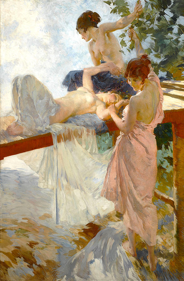 Three Young Women Beside A Stream Painting by William 