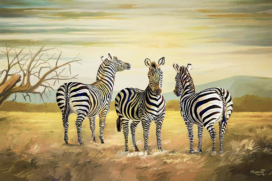 Three Zebras in Kenya Painting by Anthony Mwangi
