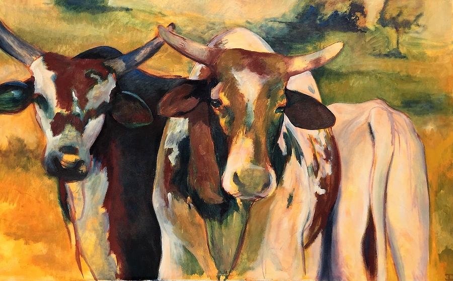 Bulls Painting - Threes a Crowd by Idie Karr Bulls Painting - Threes a Crowd by Idie Karr