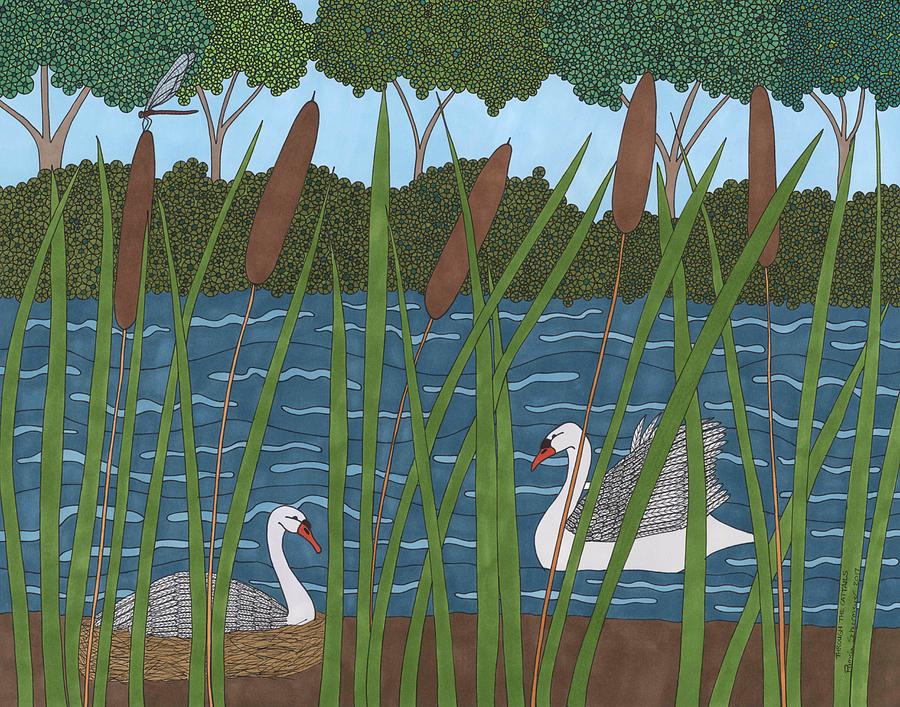 Through the Cattails Drawing by Pamela Schiermeyer
