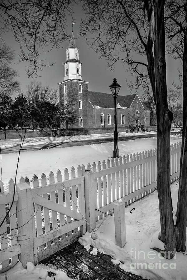 Winter Photograph - Throught the Gate to Bruton Church Black and White by Karen Jorstad