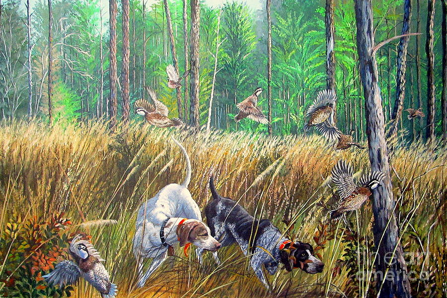 Wildlife Painting - Thunder In The Pines- Bobwhite quail hunting by Daniel Butler