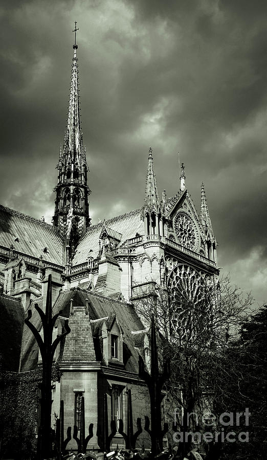 Thunderous Notre Dame Black and White Photograph by Marina McLain