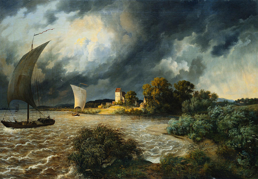 Thunderstorm in the area of the village Kaditz Painting by Ernst Ferdinand Oehme