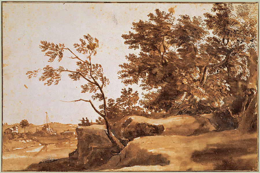 Tiber Landscape with Castel SantAngelo in the Background Drawing by Claude Lorrain