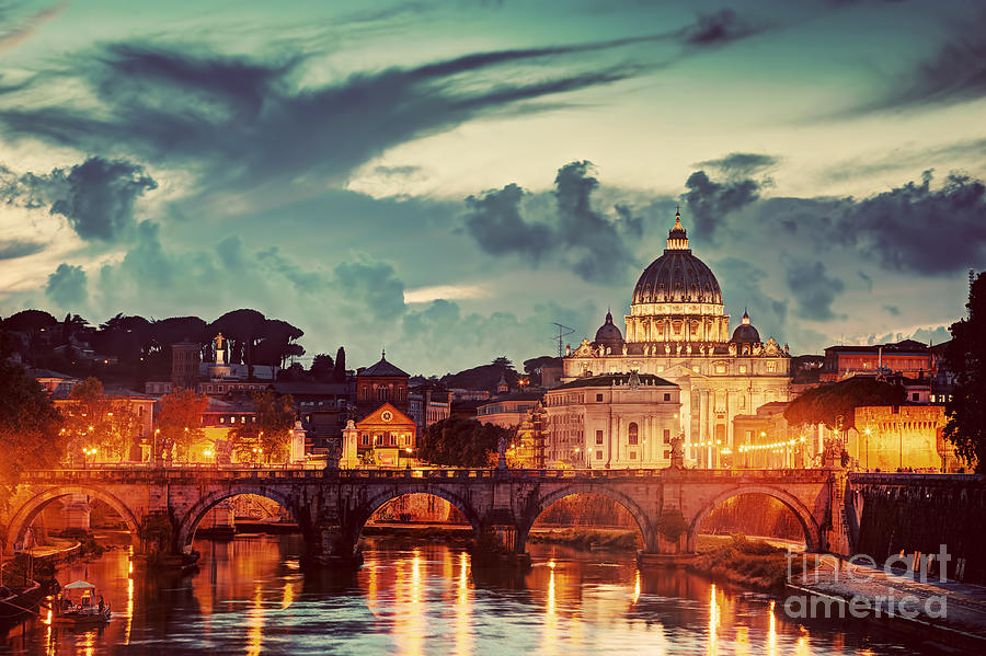 Tiber river in Rome, Italy at late sunset, evening Photograph by Michal Bednarek