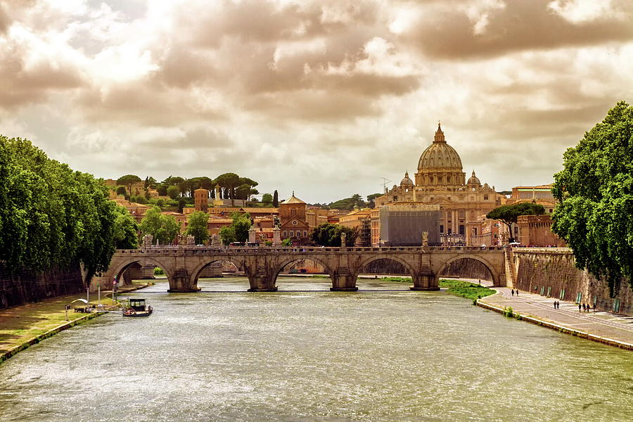 Tiber river, Ponte SantAngelo and St. Peters cathedral, Roma, Italy Photograph by Elenarts - Elena Duvernay photo