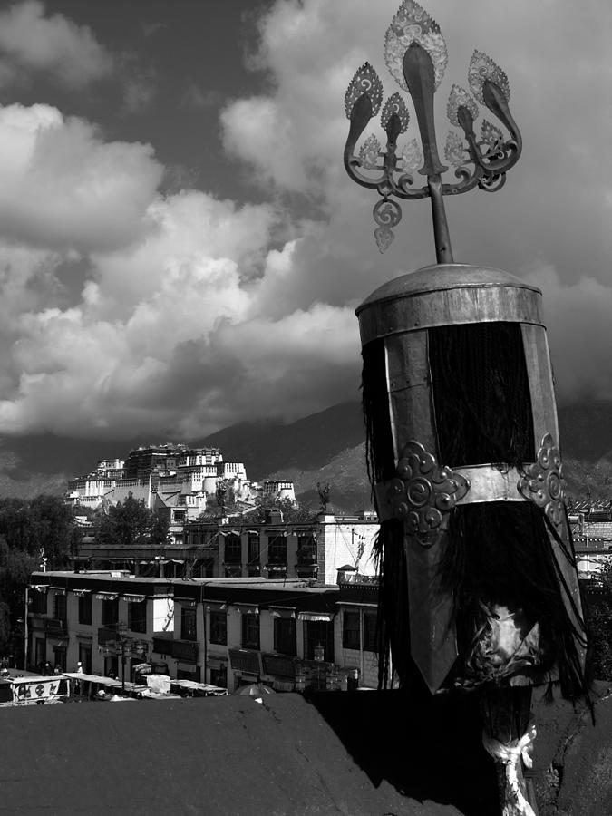 Tibet - Lhasa - Potala Palace from Jokhang Temple - B/W Photograph by Jacqueline M Lewis