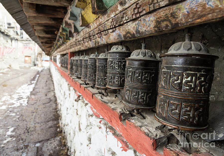 Landmark Photograph - Tibetan Buddhism prayer wheels  in Manang by Didier Marti