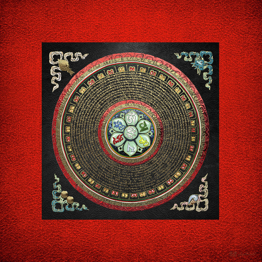 Tibetan OM Mantra Mandala in Gold on Black and Red Digital Art by Serge Averbukh