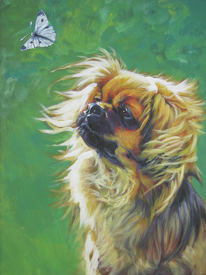 Tibetan Spaniel and cabbage white butterfly Painting by Lee Ann Shepard