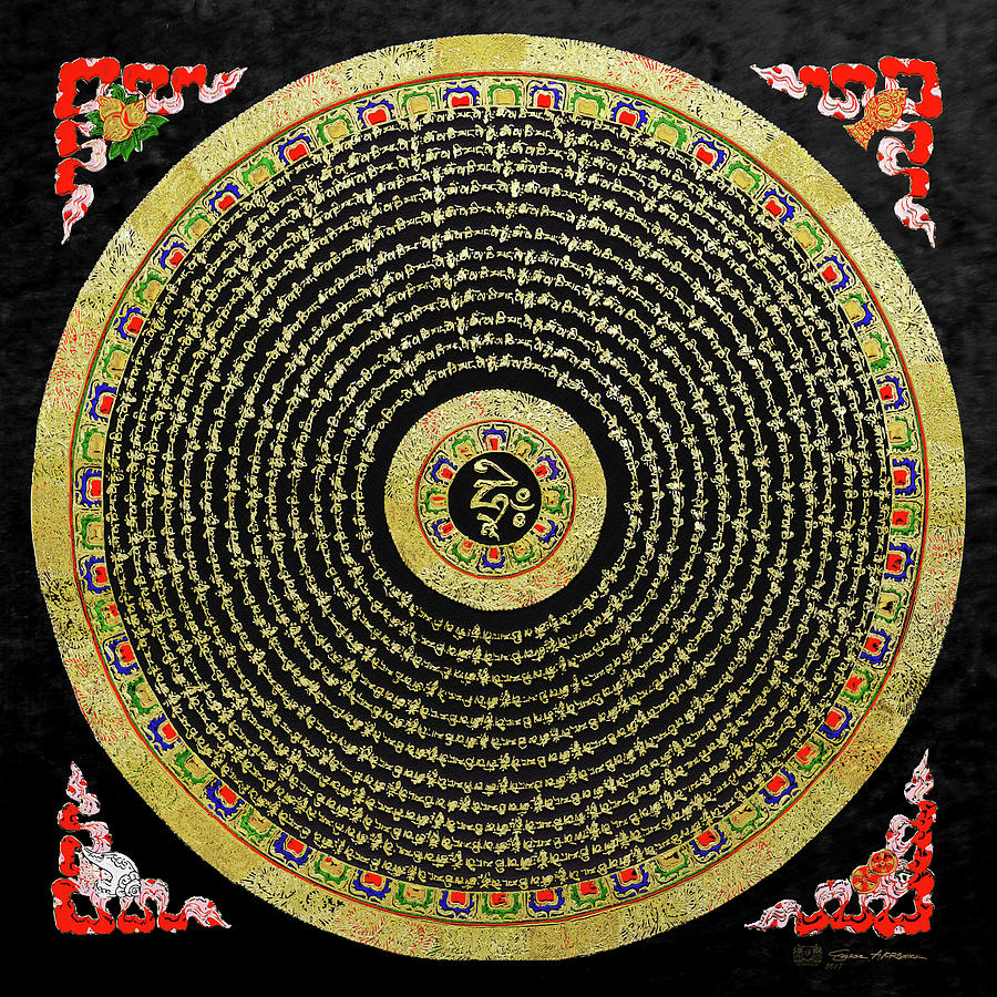 Tibetan Thangka - Om Mandala with Syllable Mantra over Black Digital Art by Serge Averbukh