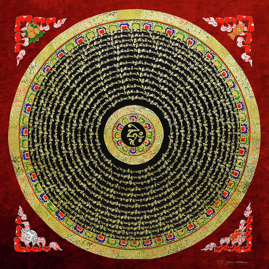 Tibetan Thangka - Om Mandala with Syllable Mantra over Red Digital Art by Serge Averbukh