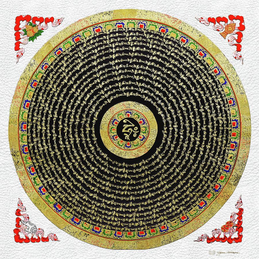 Tibetan Thangka - Om Mandala with Syllable Mantra over White Leather Digital Art by Serge Averbukh