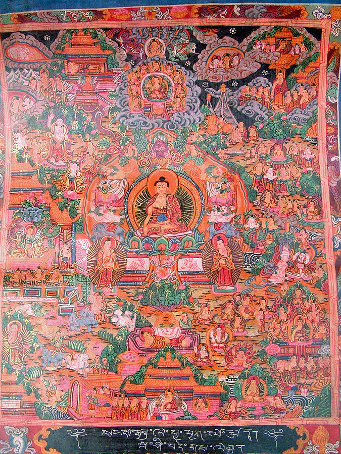 Buddha Painting - Tibetan thangka representing Buddha on lotus throne  by Tibetan monk artist