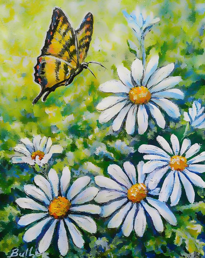Tiger and Daisies  Painting by Gail Butler