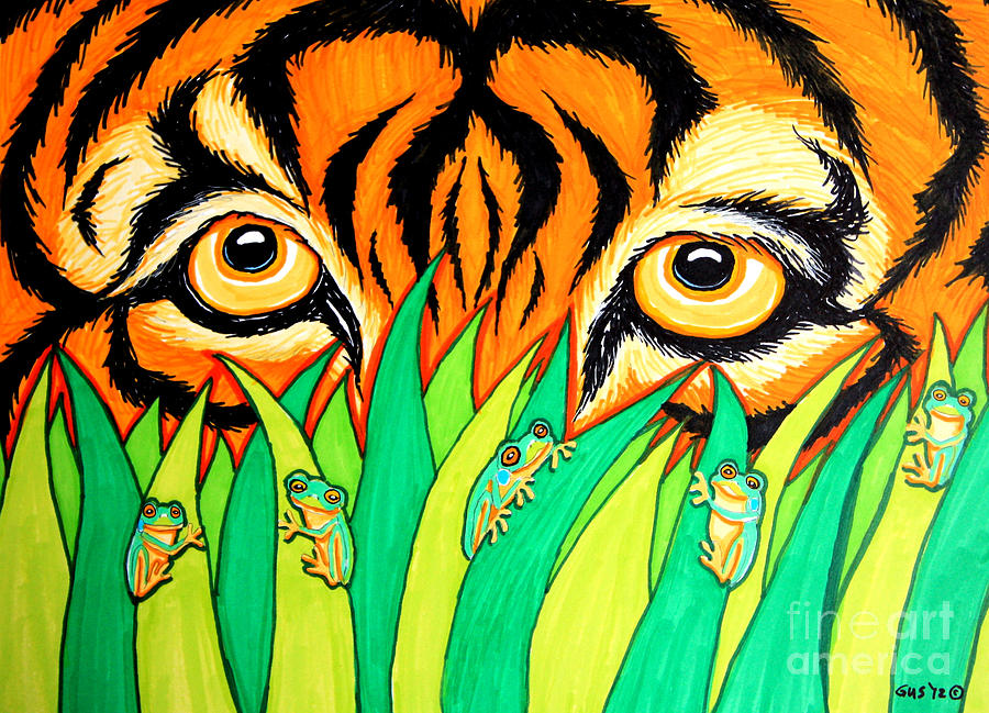 Tiger and Frogs Drawing by Nick Gustafson