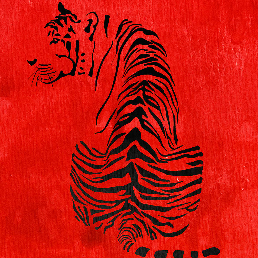 Animal Painting - Tiger Animal Decorative Red Poster 4 - by Diana Van by Diana Van