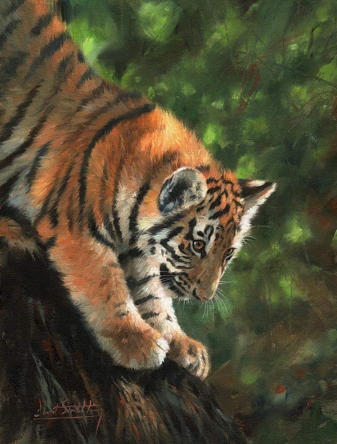 Tiger Painting - Tiger Cub Climbing Down Tree by David Stribbling
