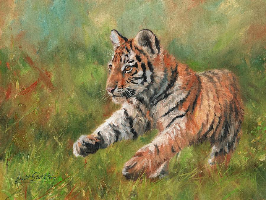 Tiger Cub Running Painting by David Stribbling